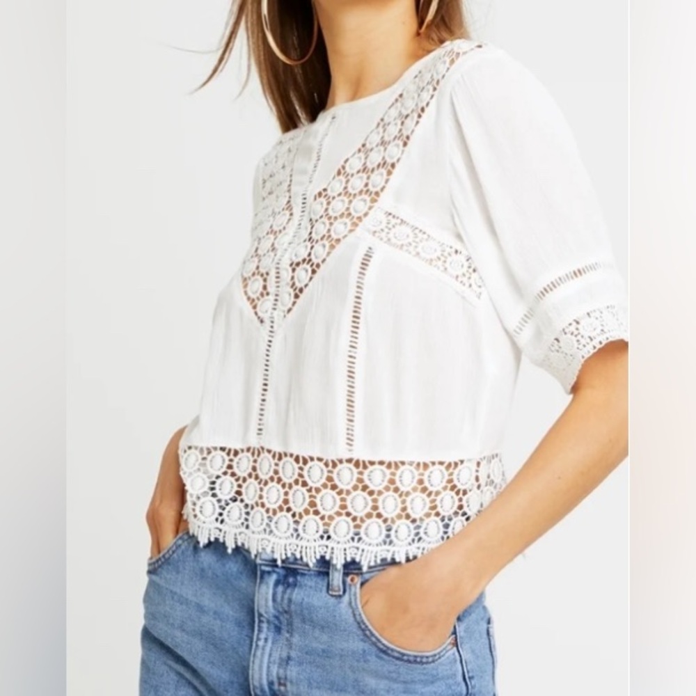Miss Selfridge Ivory White Crochet Open Lace Top Tie Back Boho Size 2
